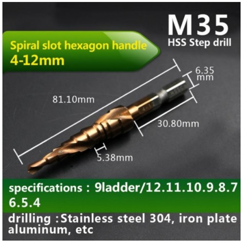 HSS-CO M35 Hexagonal Shank Spiral Groove Step Drill Bit Metal Cone Step Drill Bit Stainless Steel Hole Saw Hole Cutter &amp; 4-12mm